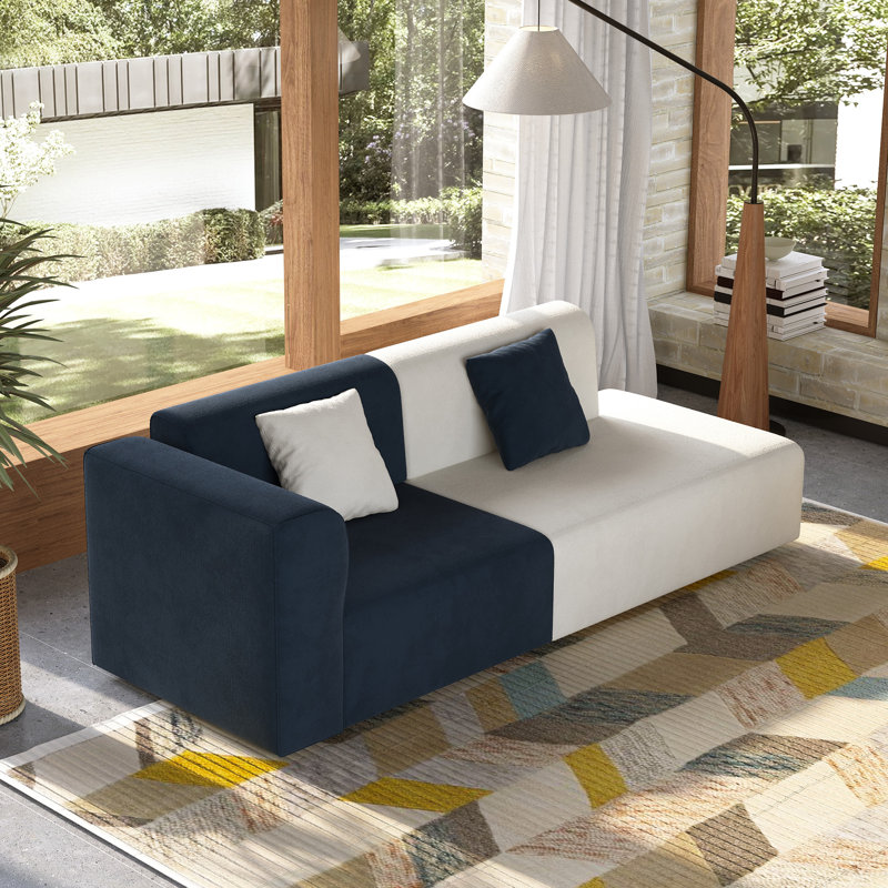 77.55" Two-tone Fabric Sofa Couch, Solid Wood Frame, Foam Cushions With 2 Throw Pillows