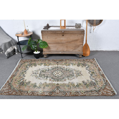 Tapis turc rétro Oushak à motif floral vert pour la chambre - Style bohème brun / vert