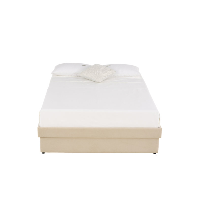 Lit plateforme rembourré avec rangement et 4 tiroirs, Grand lit, Beige