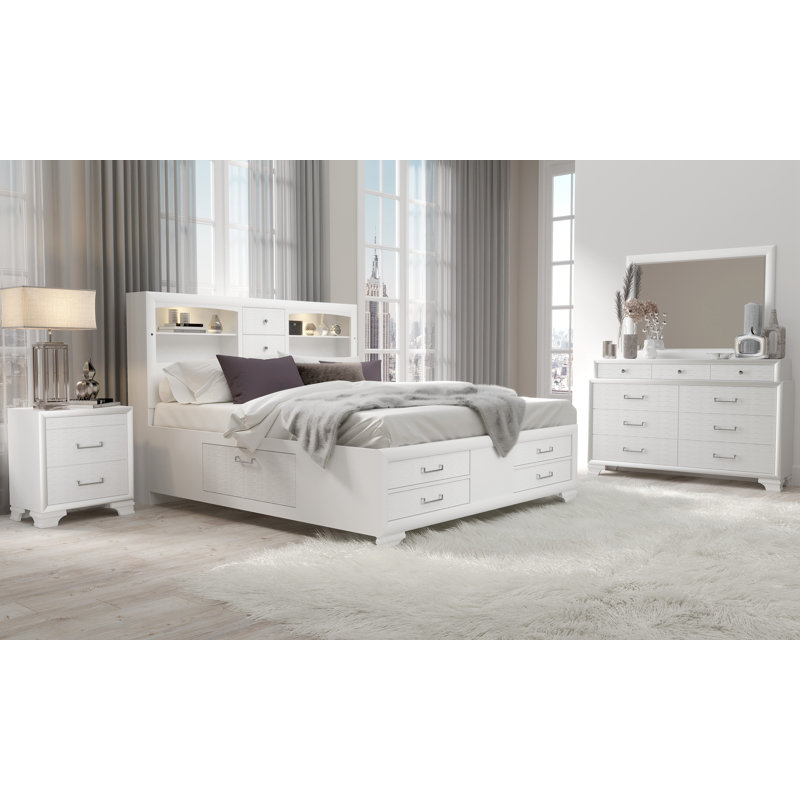 Solid Wood Full Espresso Eight Drawers Bed, Queen, White