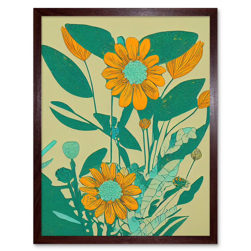 Yellow Flower Painting Turquoise Colourful Bold - Print, Brown Framed Unframed, 43cm H x 33cm W x 2cm D