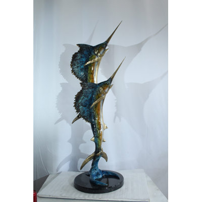 Nifao Twin Sailfish Bronze Statue with Vivid Enamel Finish – Handcrafted Ocean Life Sculpture - 17" x 17" x 56"H