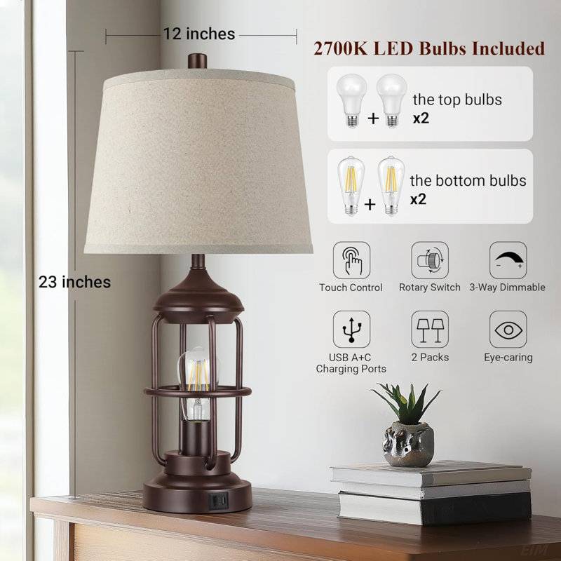 Ensemble de 2 lampes de table avec ports USB, lampe de chevet à intensité variable à 3 voies avec 2 lumières DEL et table de chevet rustique (ampoules 2700K incluses)