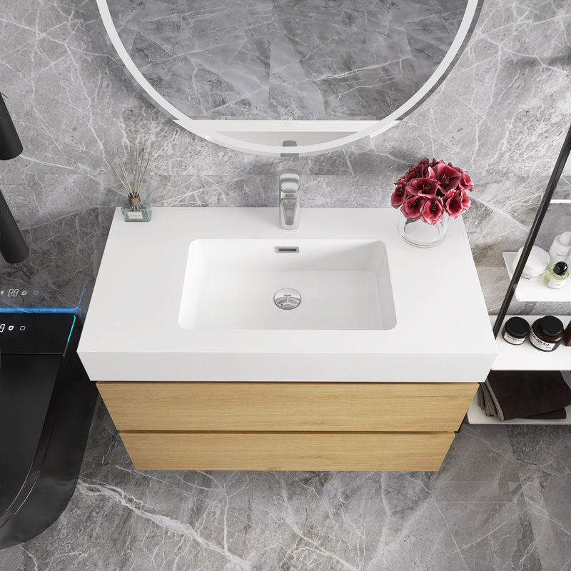 Meuble-lavabo mural simple 36 po avec plateau en résine blanche 36 po, Chêne