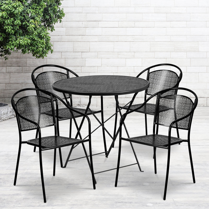 Chanea 30'' Round Indoor-Outdoor Steel Folding Patio Table Set with 4 Round Back Chairs, Black