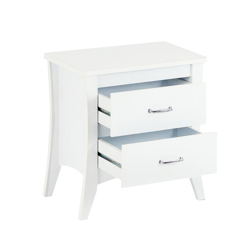 Table de chevet blanche avec deux tiroirs de taille et deux pieds effilés blancs fonctionnels