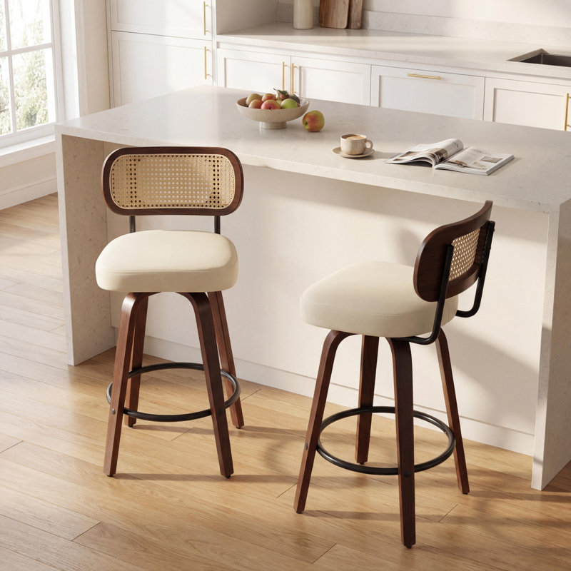 Set of 2 Mid-Century Modern Swivel Bar Stool with Cane Back, Walnut Wood Frame and 360° Swivel Seat, 2 Pieces, Beige