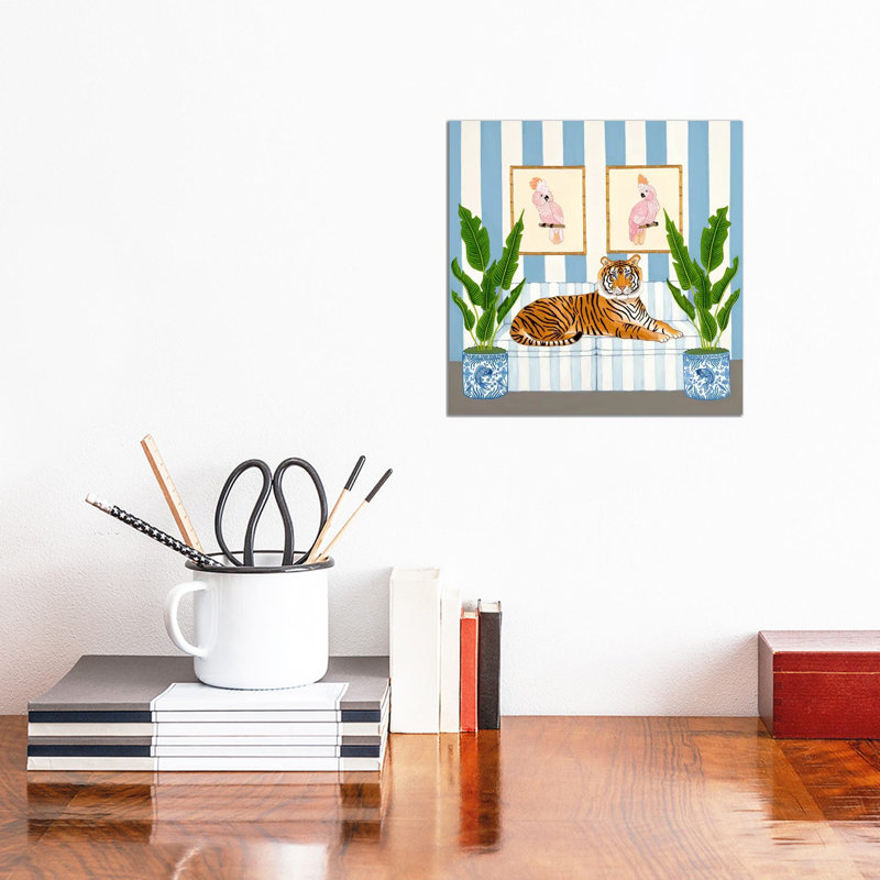 Chinoiserie Tiger With Ginger Jars And Pink Cockatoos - Wall Art Print - Wrapped Canvas