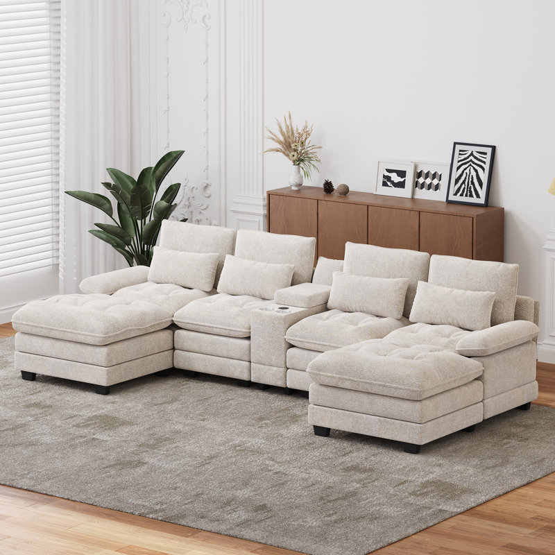 Canapé modulaire surdimensionné en chenille avec deux repose-pieds amovibles console de rangement avec porte-gobelets USB et haut dossier