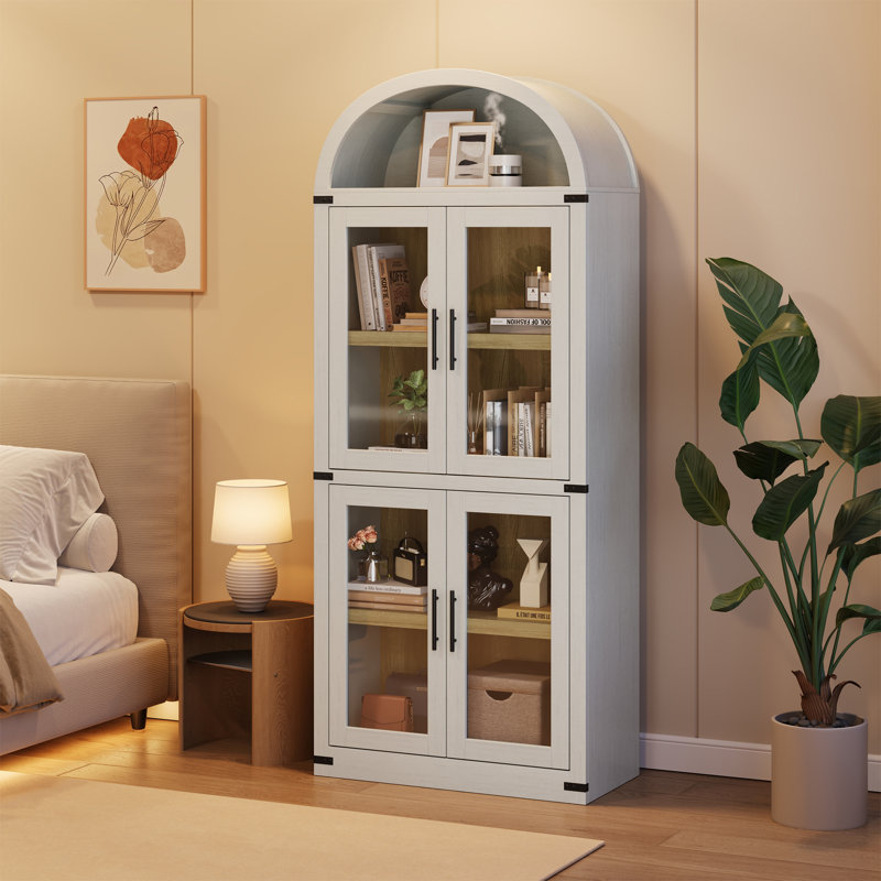 Bibliothèque de 72 po de hauteur avec portes vitrées, armoire de rangement à 4 niveaux pour présentoir de construction robuste, organisateur de plancher moderne pour le bureau à domicile, blanc