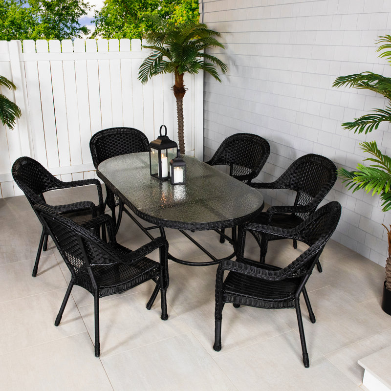 Ensemble repas d'extérieur 7 pièces en osier, Noir