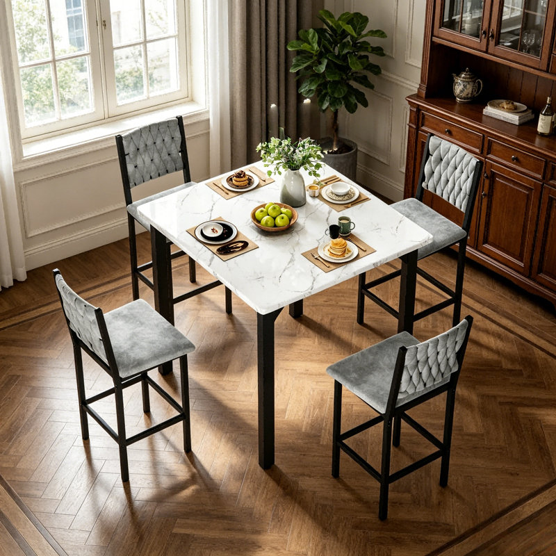 Ensemble de table de salle à manger 5 pièces avec table à hauteur de comptoir et 4 tabourets de bar, ensemble de salle à manger de cuisine moderne en faux marbre avec chaises rembourrées, ensemble de salle à manger compact pour petits espaces