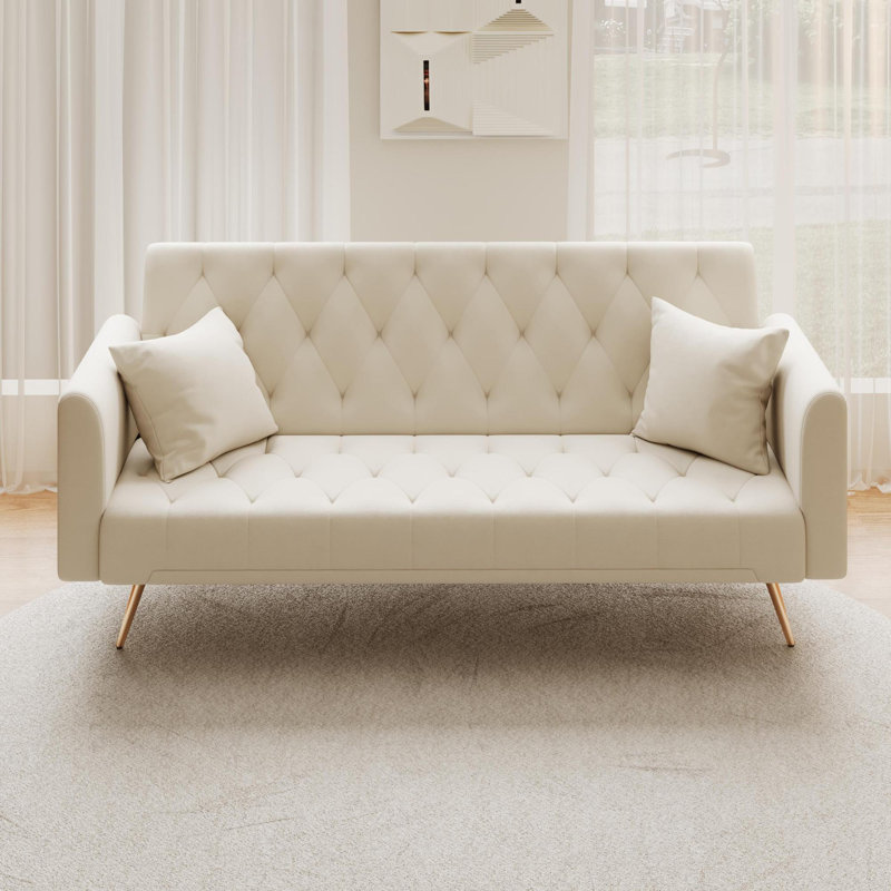Soft and cosy tufted upholstered Futon Sofa, Beige Velvet