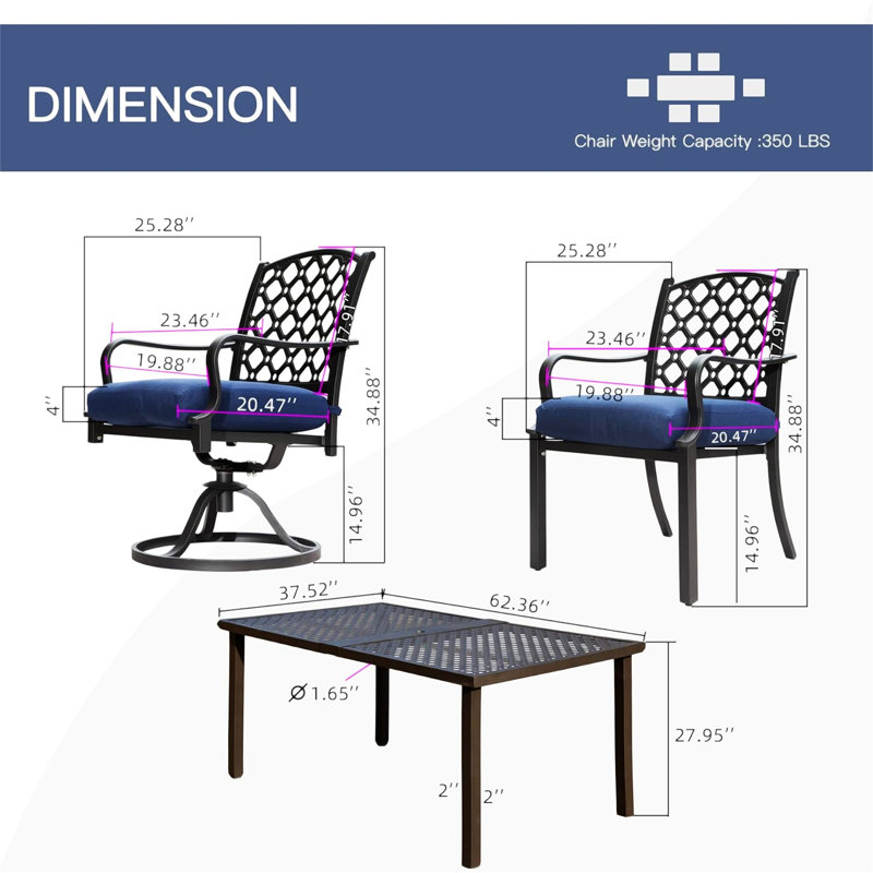 Outdoor 7 Pcs Patio Dining Set, Navy Blue