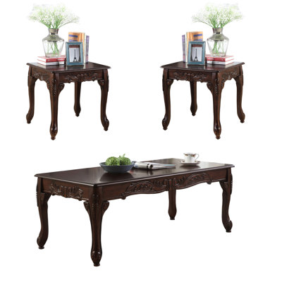 Table de finition cerisier foncé traditionnel 3 pièces, ornée, pour les tables basses et les tables de bout dans la finition de l'espace de vie principal, détails ornés, style