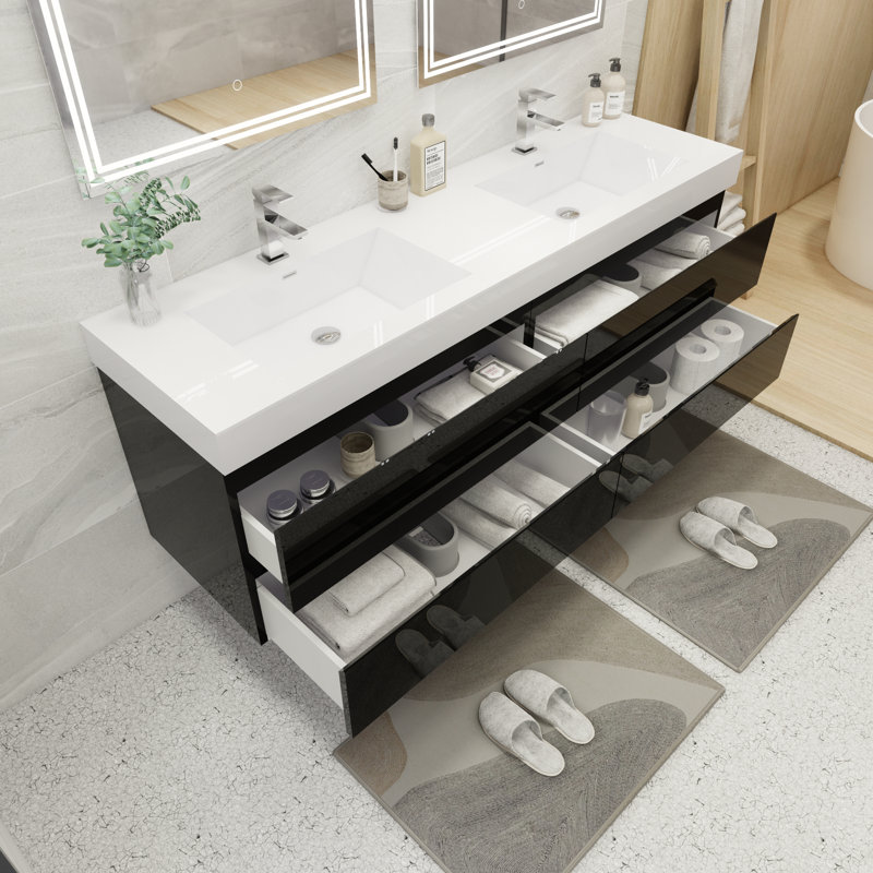 Ensemble de meuble-lavabo double mural 72 po Hartsock, Noir très lustré