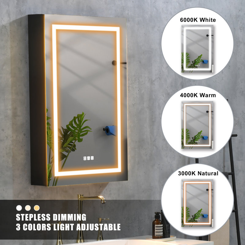 Arlondo 24'' W Mirrored Medicine Cabinet with LED Lights, Matte Black/Silver, Right