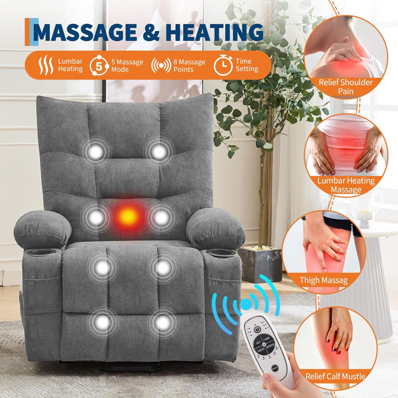 Electric Power Lift Recliner Chair with Massage & Heat, Rocker Reclining Sofa with Cup Holders for Elderly Adults, Small Space Living Room Furniture