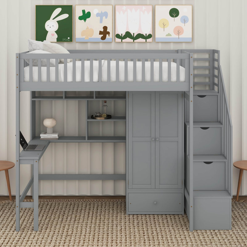 Lit mezzanine simple avec bibliothèque, tiroirs, bureau et garde-robe, Grey