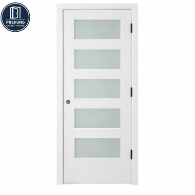 Porte intérieure prémontée à 5 carreaux, âme pleine, bois apprêté blanc, verre givré, avec chambranles et charnières