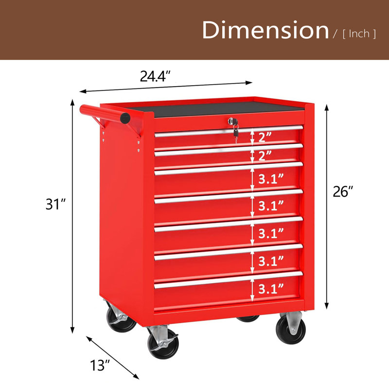 Coffre à outils roulant avec boîte à outils à 7 tiroirs avec roues Armoire de rangement multifonctionnelle pour outils, garage, entrepôt, atelier