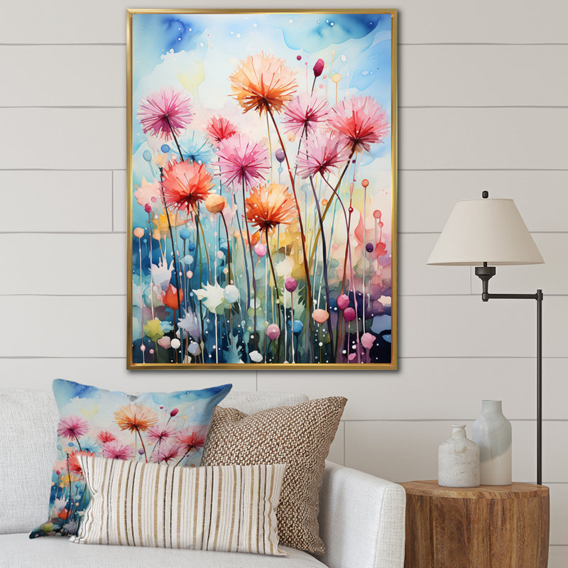 Impression sur toile florale multicolore «Dandelion Représentation I», Cadre flottant doré, H 32 po x l 24 po x P 1 po