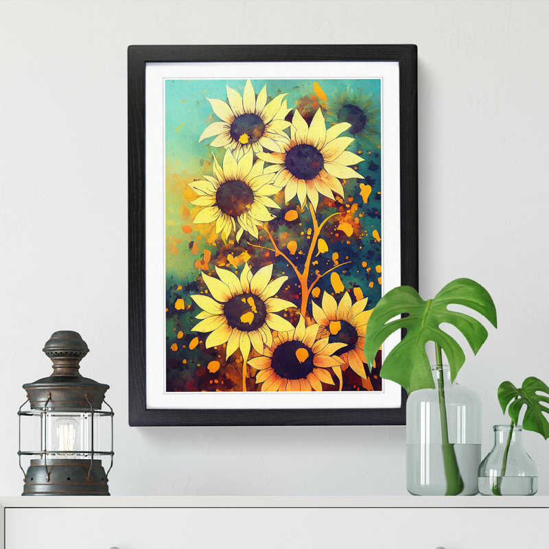 Sunflower Paint Splatter Vol.2 - Picture Frame Print, 64cm H x 25cm W x 2cm D, Black