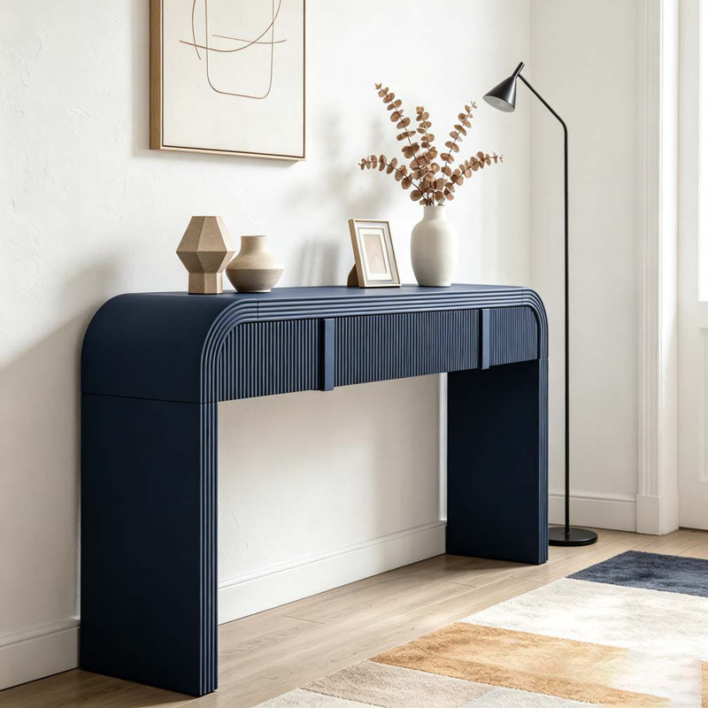 Console moderne avec 2 tiroirs de rangement, table d'entrée cannelée à silhouette arrondie, Marine