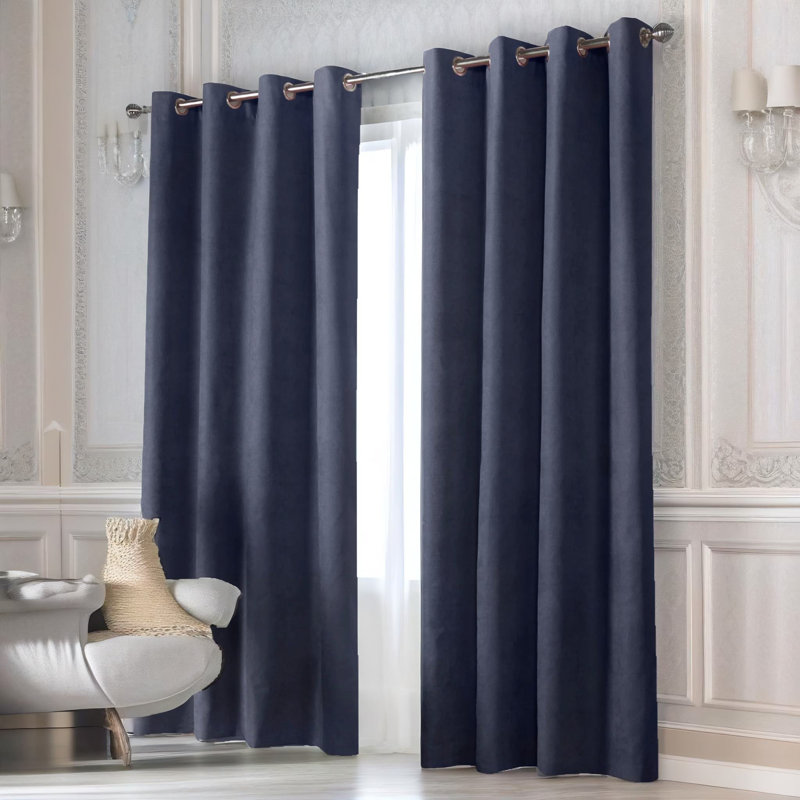 Nalaiyah Velvet Chenille Eyelet Curtains, 142cm Width x 137cm Drop, Navy
