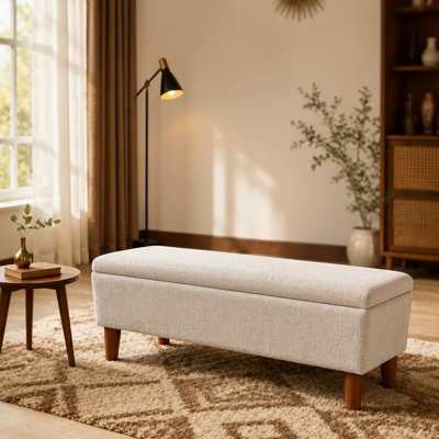 Banc repose-pieds rectangulaire de 42 po en lin, tabouret bas moderne avec repose-pieds en bois massif, banc à chaussures multi-usage et banc de bout de lit pour le salon / chambre à coucher
