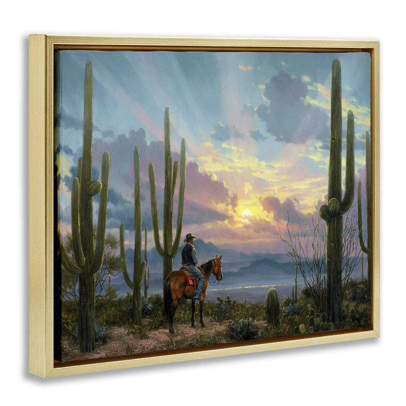 «Western Cowboy with Tall Cacti Gray», art mural encadré par Jack, H 25 po x l 31 po, Cadre flottant gris lustré