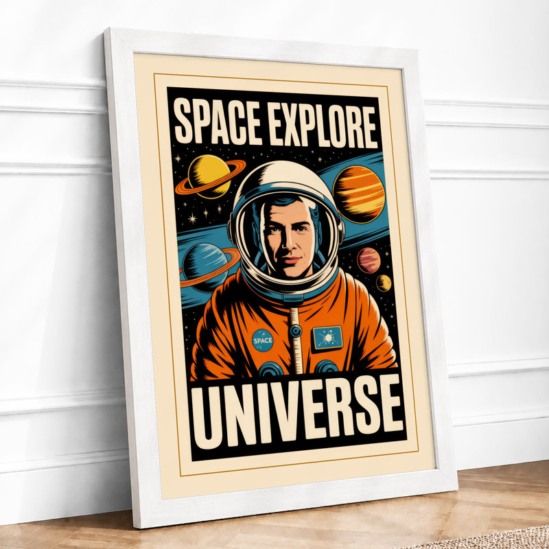 Space Explore Universe Retro - Framed Print, A4 - 29.7 x 21.0 cm, White