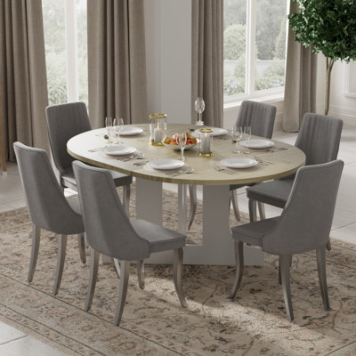 7 Pieces Modern Farmhouse Natural Round Dining Set with Mid-Century High Back Dining Chair Set for 6