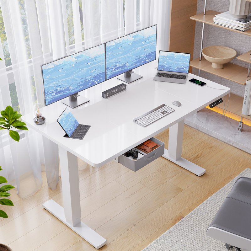 Electric Standing Desk Wide Desktop Height Adjustable Standing Desk With Drawer&Hooks, 118" H x 140" W x 80" D, White, White