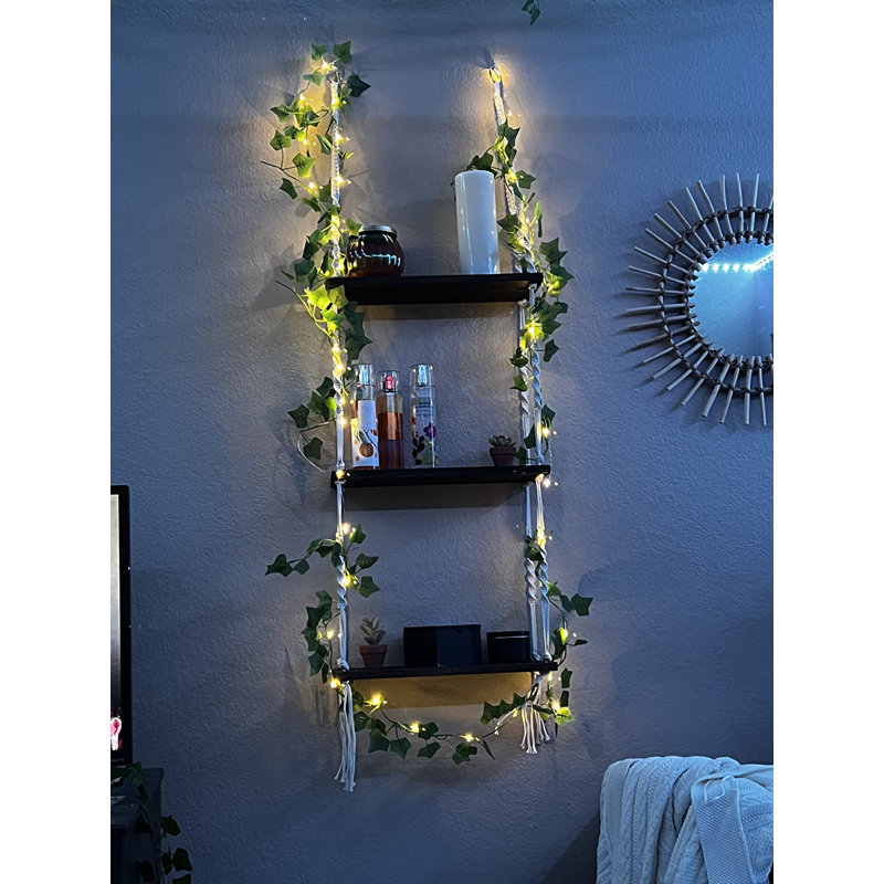 3 Tier Floating Shelf Wall Storage with Handmade Woven Ropes and Vine Lights