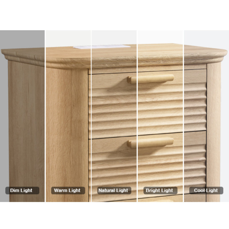 22" Large Tabletop Round Corner Nightstand with Charging Station Fluted Design with 3 Drawers, Natural