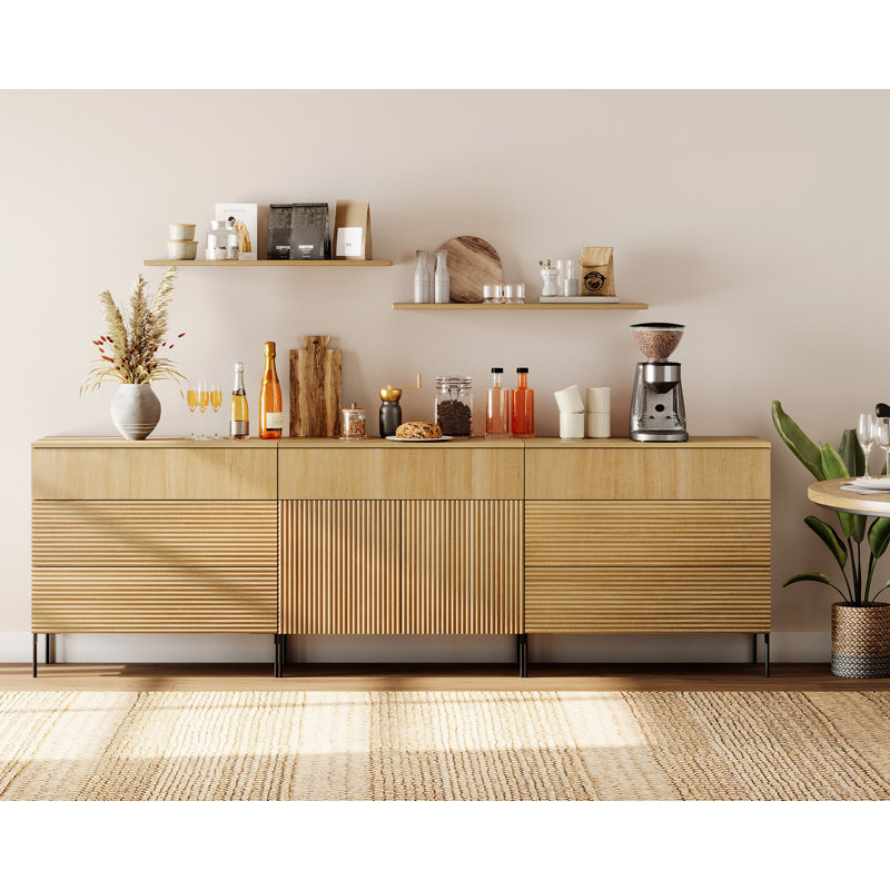 Aadham 94.5" Modern Reeded Minimalist Sideboard With Drawers And Doors, 3-In-1 Wooden Credenza Storage Cabinet For Kitchen, Dining Room