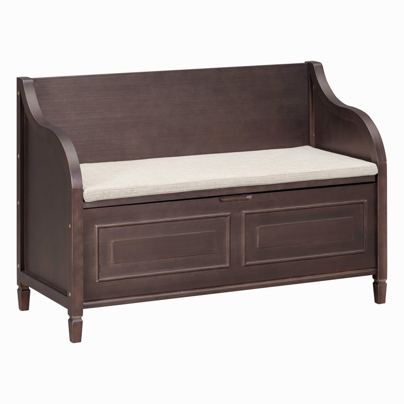 Banc de rangement rustique en bois massif avec charnière de sécurité et coussin beige, Brun