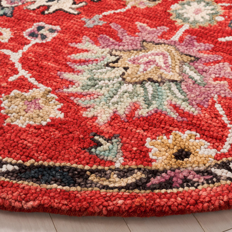 Tapis floral performance en laine / coton touffeté Dassie en ivoire / rouge, Rond 6 pi