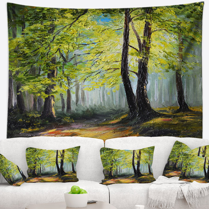 Tapisserie verte de forêt d'automne de paysage, H 50 po x l 60 po