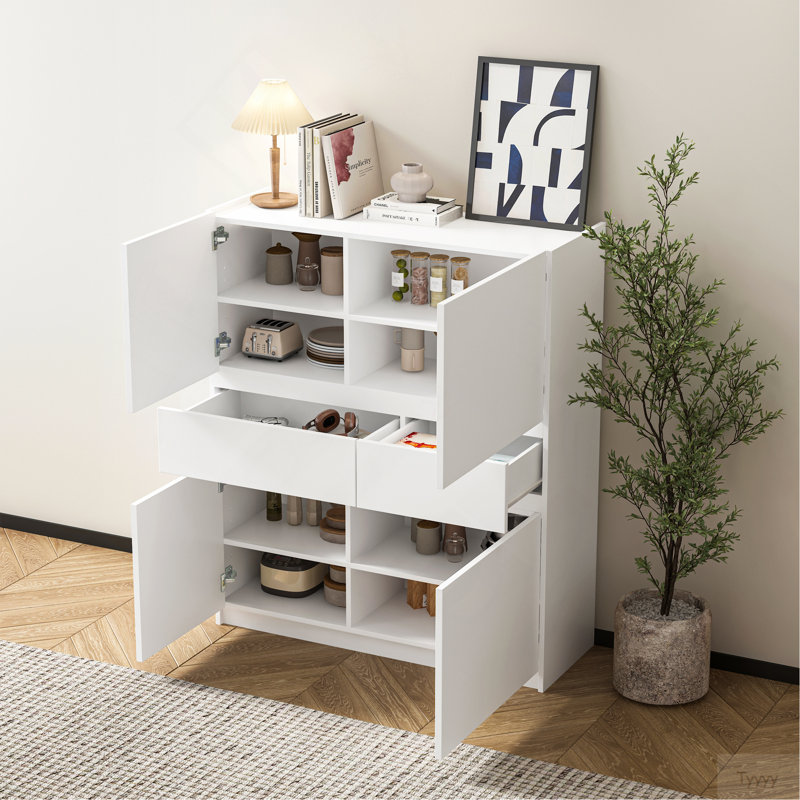 White Wooden Storage Cabinet With 4 Doors And 2 Drawers