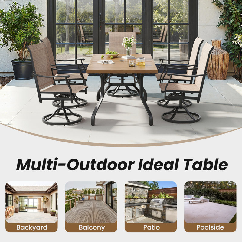 60'' Rectangular Power-Coated Outdoor Dining Table with Parasol Hole for 6 People, Brown