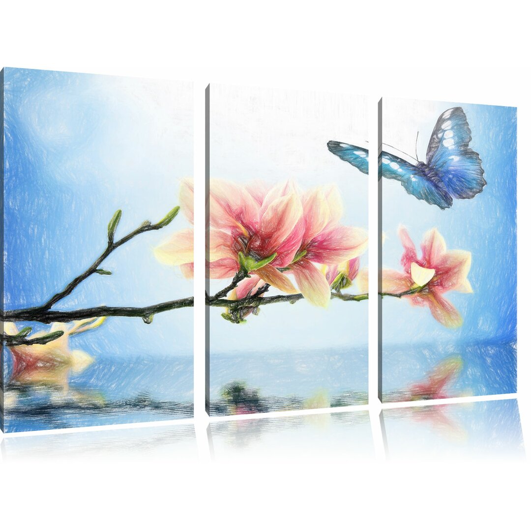 3-tlg. Leinwandbilder-Set „Blauer Schmetterling mit Magnolien-Blüte“, Grafikdruck