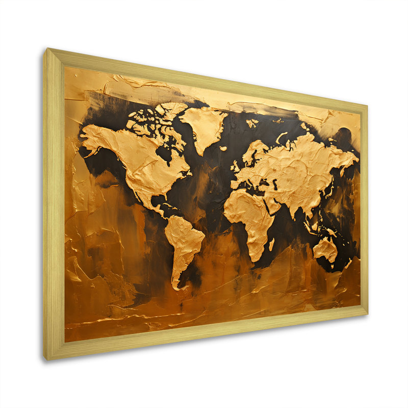 Carte du monde noire et dorée, impression sur toile, Cadre doré simple, H 16 po x l 32 po x P 1 po