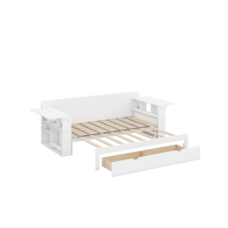 Grand lit de jour avec bureau, tiroirs de rangement et table d'appoint hydraulique, Grand lit, Blanc