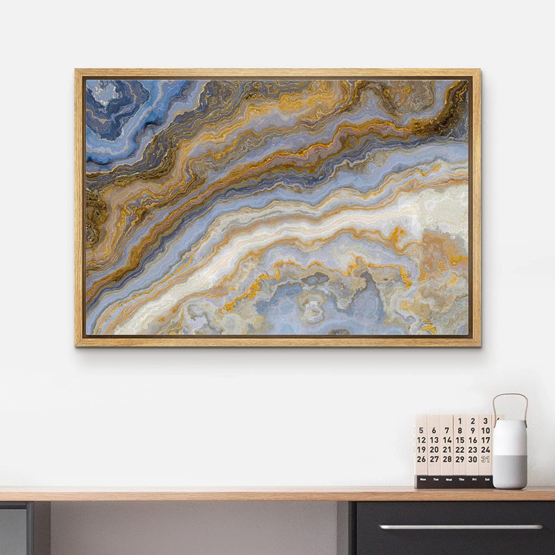 Or, bleu, blanc, cristal, gemme, paysage, gros plan, art mural, Cadre naturel flottant, H 16 po x l 24 po x P 1,5 po