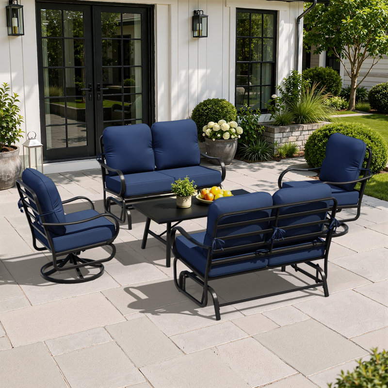 Ensemble de conversation de patio 5 pièces avec table basse, causeuses doubles, chaises pivotantes et coussins bleus, Bleu