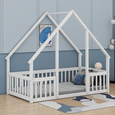 Full Wood House-Shaped Floor Bed With Fence, Guardrails