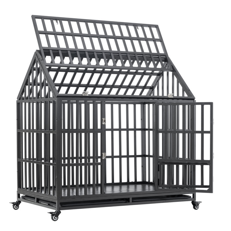 Heavy Duty Black Rolling Dog Crate with Roof and Window