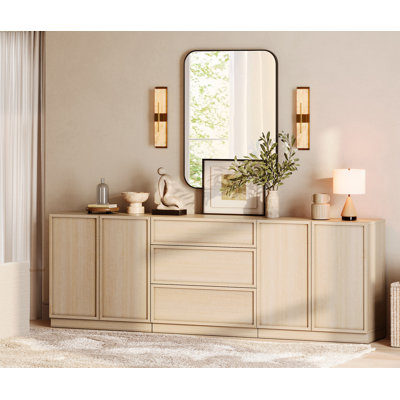 Modern Wood Dresser with 3 Drawers & 2 Adjustable Shelves, 94.5"W Storage Chest with Full Floor Base, Minimalist Organizer for Bedroom Living Room